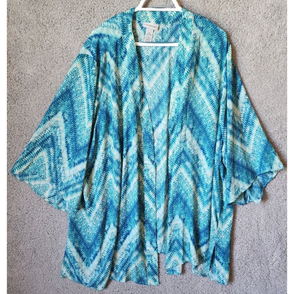 Catherines Women's Open Front Kimono‎ Semi Sheer Blue Watercolor Plus Size 4X